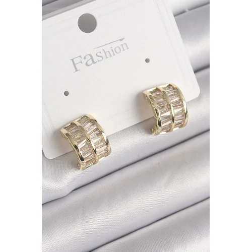 BFS Pirinç Gold Renk Çift Sıra Zirkon Taşlı Kadın Küpe