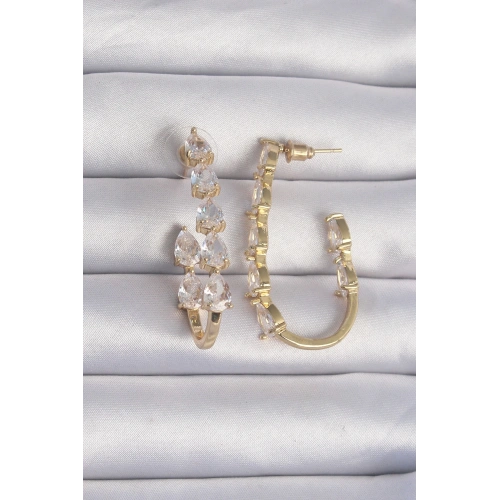 BFS Pirinç Gold Renk Damla Zirkon Taş Tasarımlı Küpe