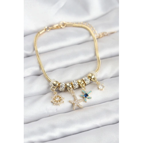 BFS Pirinç Gold Renk Deniz Tema Charmlı Kadın Bileklik