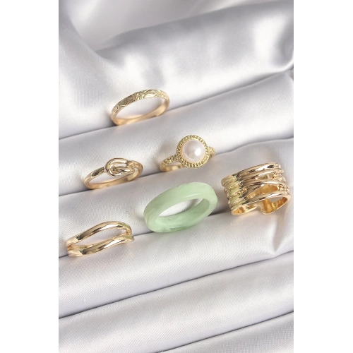 BFS Pirinç Gold Renk Düğüm Model İncili İşlemeli Plaka Model 6Lı Kadın Yüzük Seti