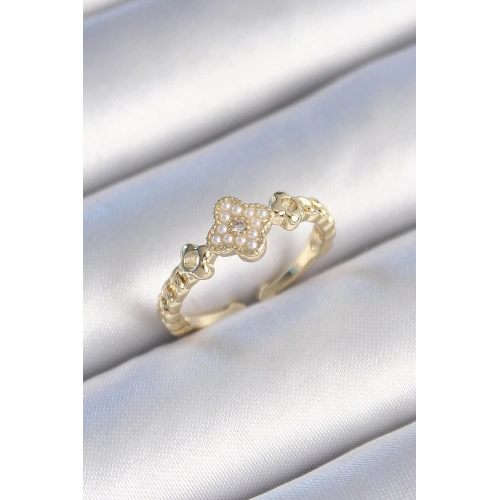 BFS Pirinç Gold Renk İncili Yonca Model Zirkon Taş Detay Kadın Yüzük