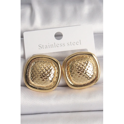 BFS Pirinç Gold Renk İşlemeli Kare Model Kadın Küpe