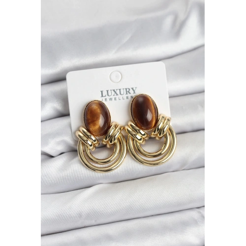 BFS Pirinç Gold Renk Kahverengi Taşlı Vintage Kadın Küpe