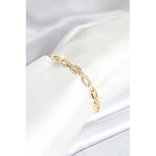 BFS Pirinç Gold Renk Kare Zincir Model Zirkon Taşlı Kadın Bileklik