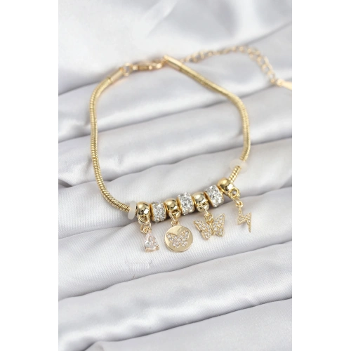 BFS Pirinç Gold Renk Kelebek Charmlı Kadın Bileklik