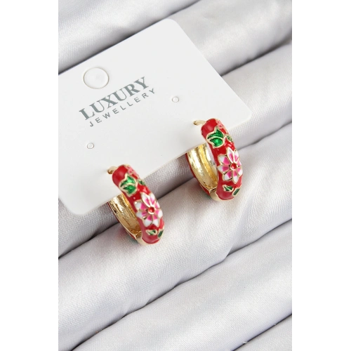 BFS Pirinç Gold Renk Kırmızı Çiçek İşleme Mineli Kadın Küpe