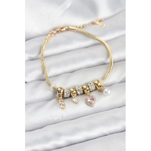 BFS Pirinç Gold Renk Pembe Kalp Charmlı Kadın Bileklik