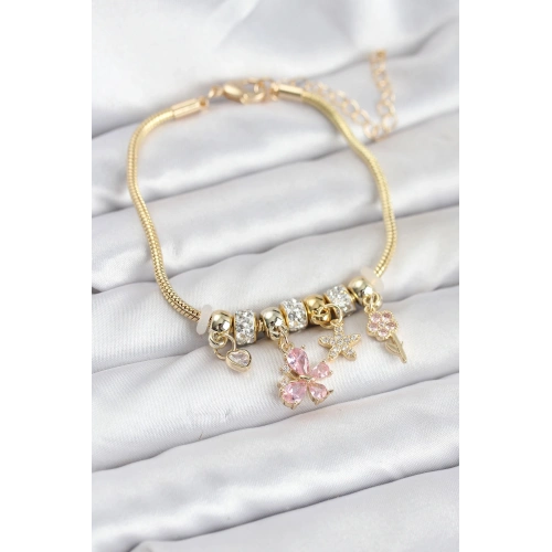 BFS Pirinç Gold Renk Pembe Kelebek Charmlı Kadın Bileklik
