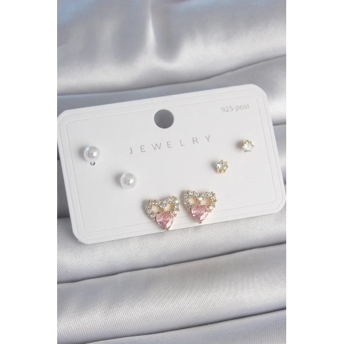 BFS Pirinç Gold Renk Pembe Zirkon Taşlı Kalp Model İnci Detay 925 Ayar Kadın Küpe Seti