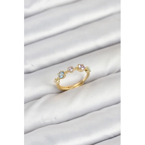 BFS Pirinç Gold Renk Renkli Zirkon Taşlı Kadın Yüzük