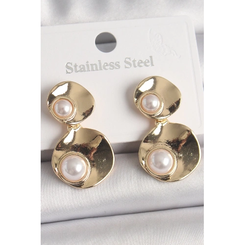 BFS Pirinç Gold Renk Sallantı İnci Detaylı Daire Plaka Model Kadın Küpe