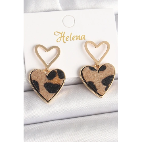 BFS Pirinç Gold Renk Sallantı Leopar Kalp Model Kadın Küpe