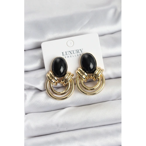 BFS Pirinç Gold Renk Siyah Taşlı Vintage Kadın Küpe