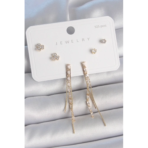 BFS Pirinç Gold Renk Su Yolu Zirkon Taşlı Sallantı Model Çiçek Detay 925 Ayar Gümüş Çivi Kadın Küpe Seti