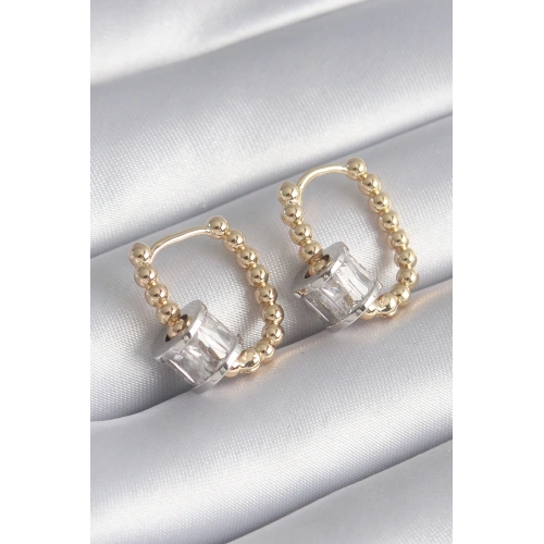 BFS Pirinç Gold Renk Top Model Gümüş Renk Zirkon Taşlı Kadın Küpe