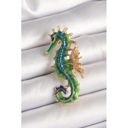 BFS Pirinç Gold Renk Yeşil Deniz Atı Model Zirkon Taş Detay Kadın Broş