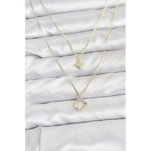 BFS Pirinç Gold Renk Yonca Model 2li Kadın Kolye