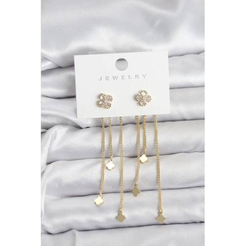 BFS Pirinç Gold Renk Yonca Model Sallantılı Kadın Küpe