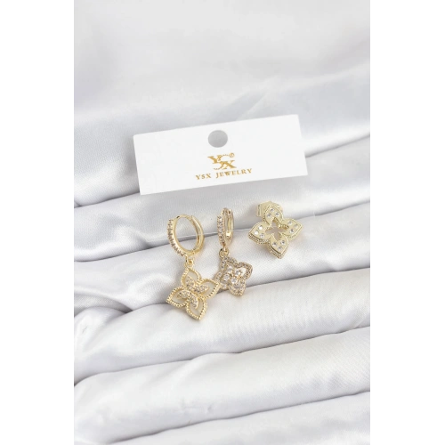 BFS Pirinç Gold Renk Yonca Model YSX Trio Küpe Seti