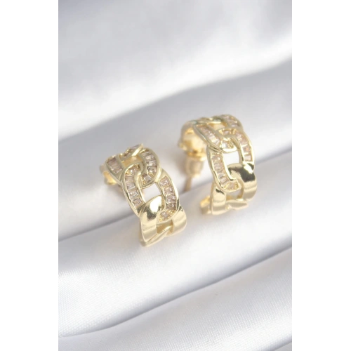 BFS Pirinç Gold Renk Zirkon Taş Detay Zincir Model Kadın Küpe