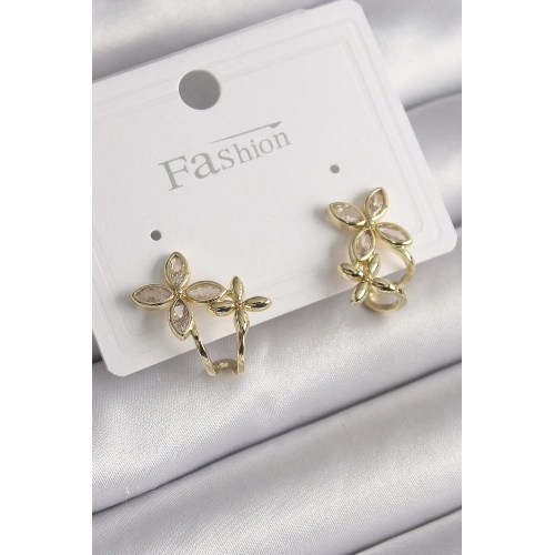 BFS Pirinç Gold Renk Zirkon Taşlı 2Li Çiçek Model Kadın Küpe