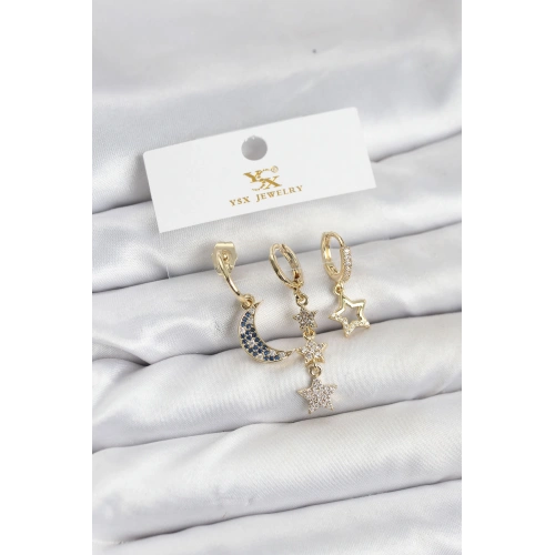 BFS Pirinç Gold Renk Zirkon Taşlı Ay ve Yıldız Model YSX Trio Küpe Seti