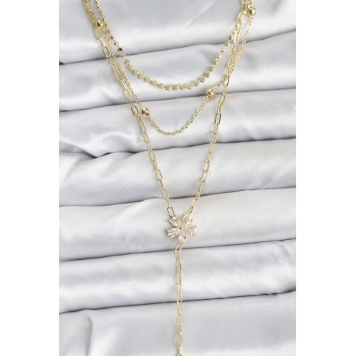 BFS Pirinç Gold Renk Zirkon Taşlı Çiçek Model Detaylı 3lü Kombin Y Kadın Kolye