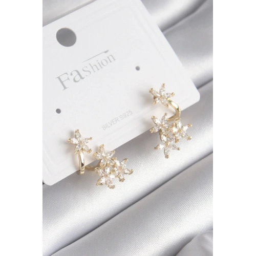 BFS Pirinç Gold Renk Zirkon Taşlı Çiçek Tasarım Kadın Küpe