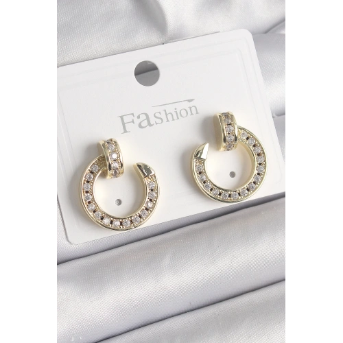 BFS Pirinç Gold Renk Zirkon Taşlı Çivi Halka Model Kadın Küpe