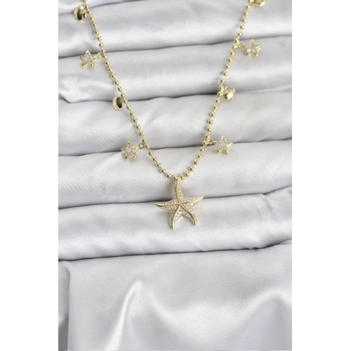 BFS Pirinç Gold Renk Zirkon Taşlı Deniz Yıldızı Model Kadın Kolye