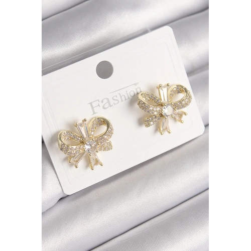 BFS Pirinç Gold Renk Zirkon Taşlı Fiyonk Model Kadın Küpe