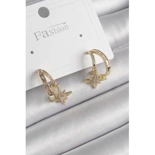 BFS Pirinç Gold Renk Zirkon Taşlı Halka Model Yıldız Detay Kadın Küpe