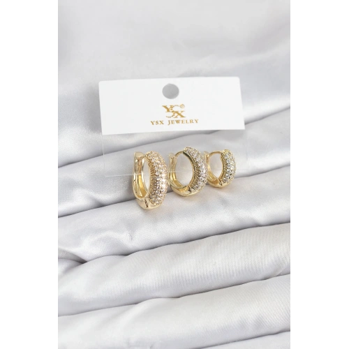 BFS Pirinç Gold Renk Zirkon Taşlı Halka Model YSX Trio Küpe Seti