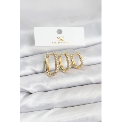 BFS Pirinç Gold Renk Zirkon Taşlı Halka Model YSX Trio Küpe Seti