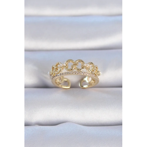 BFS Pirinç Gold Renk Zirkon Taşlı İnci Detay Kadın Yüzük