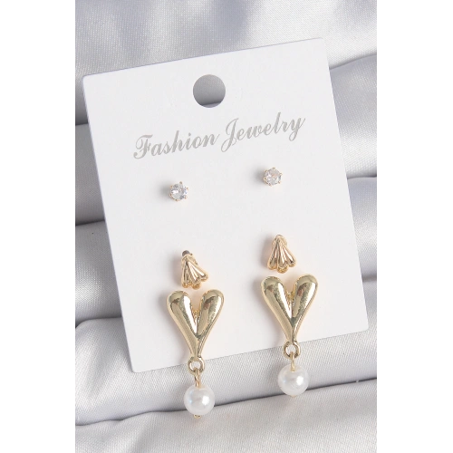 BFS Pirinç Gold Renk Zirkon Taşlı İncili Sallantılı Kalp Model 3 Çift Kadın Küpe Seti