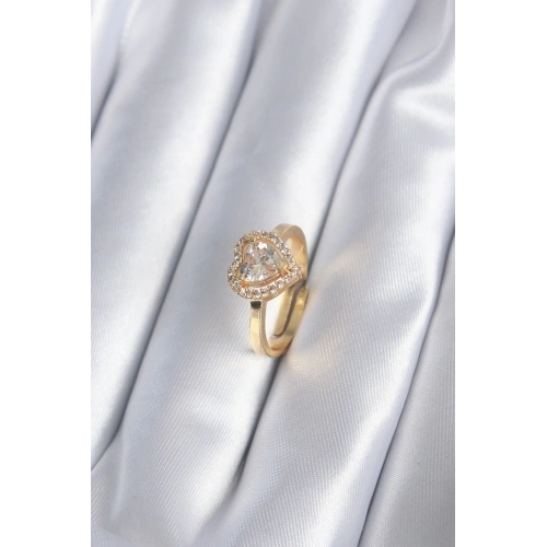 BFS Pirinç Gold Renk Zirkon Taşlı Kalp Charm Model Kadın Yüzük