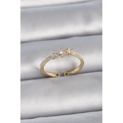 BFS Pirinç Gold Renk Zirkon Taşlı Kalp İnci Detaylı Ayarlanabilir Model Kadın Yüzük