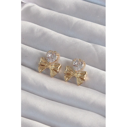 BFS Pirinç Gold Renk Zirkon Taşlı Kalp Model Fiyonk Küpe