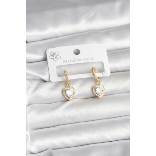 BFS Pirinç Gold Renk Zirkon Taşlı Kalp Model Kadın Küpe