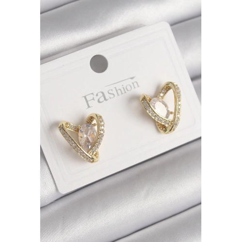 BFS Pirinç Gold Renk Zirkon Taşlı Kalp Model Kadın Küpe