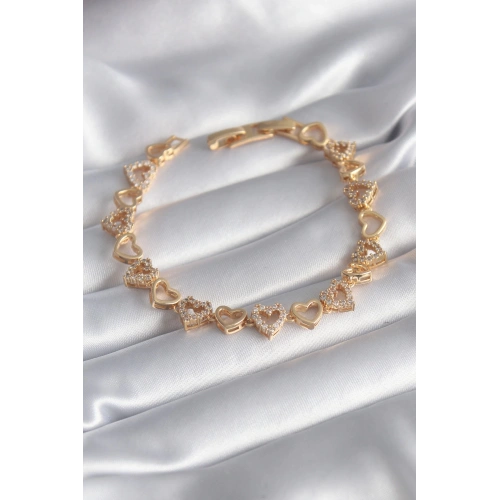 BFS Pirinç Gold Renk Zirkon Taşlı Kalp Model VIP Seri Kadın Bileklik
