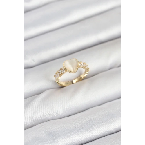 BFS Pirinç Gold Renk Zirkon Taşlı Kalpli Kadın Yüzük
