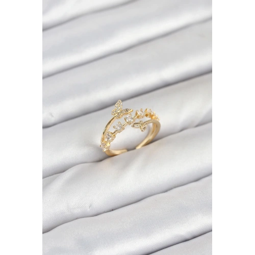 BFS Pirinç Gold Renk Zirkon Taşlı Kelebek Model Kadın Yüzük