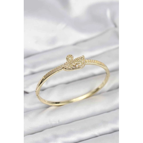 BFS Pirinç Gold Renk Zirkon Taşlı Kuğu Model Kadın Kelepçe Bileklik