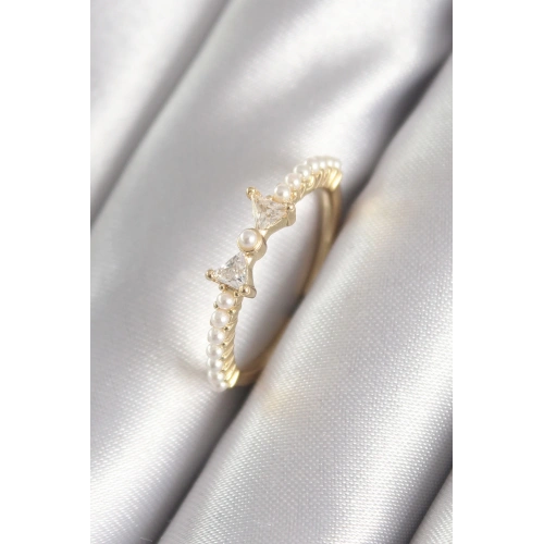 BFS Pirinç Gold Renk Zirkon Taşlı Kurdele İnci Detay Kadın Yüzük