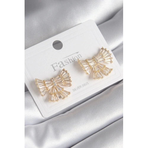 BFS Pirinç Gold Renk Zirkon Taşlı Kurdele Model Kadın Küpe