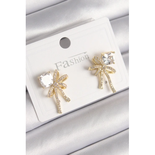 BFS Pirinç Gold Renk Zirkon Taşlı Kurdele Model Kadın Küpe