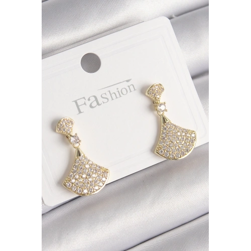 BFS Pirinç Gold Renk Zirkon Taşlı Motif Model Kadın Küpe