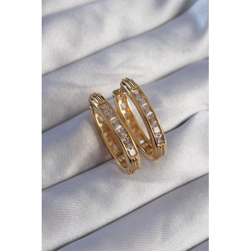 BFS Pirinç Gold Renk Zirkon Taşlı Oval Model Küpe